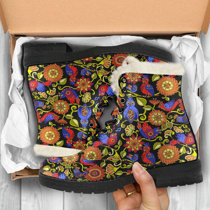 Steampunk Bird Design Themed Print Faux Fur Leather Boots-JTAMIGO.COM