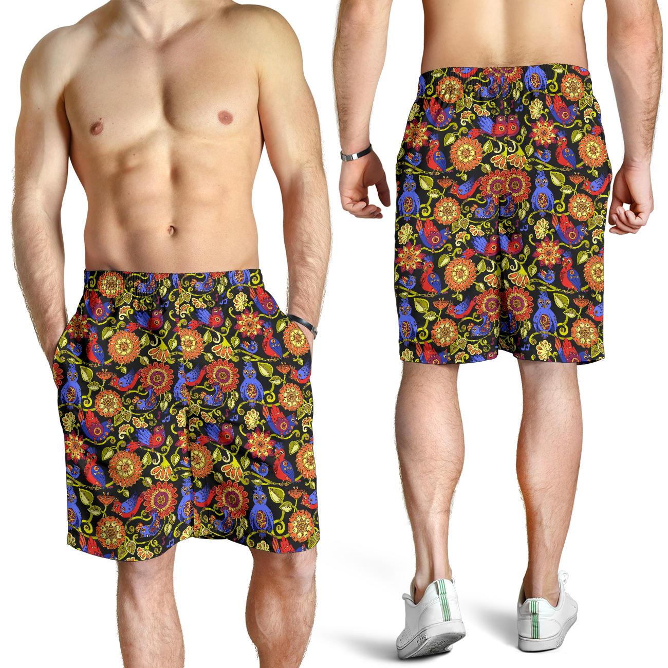 Steampunk Bird Design Themed Print Mens Shorts-JTAMIGO.COM