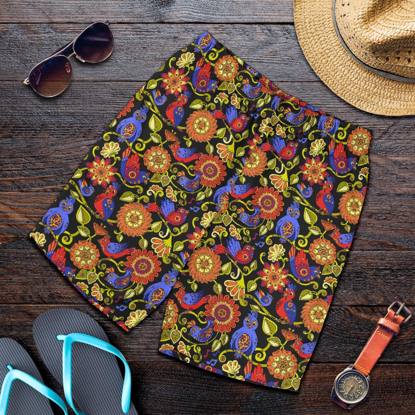 Steampunk Bird Design Themed Print Mens Shorts-JTAMIGO.COM
