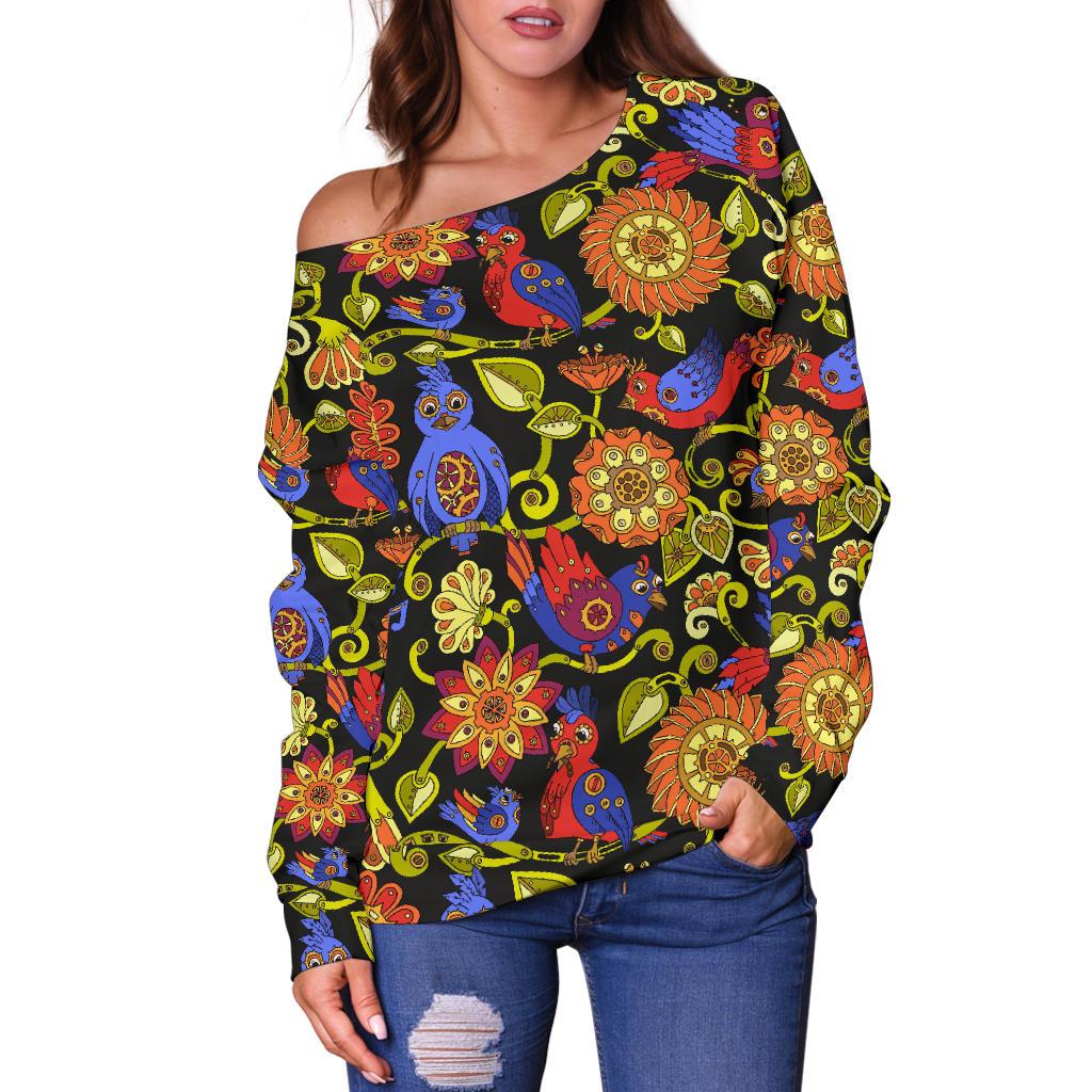 Steampunk Bird Design Themed Print Off Shoulder Sweatshirt
