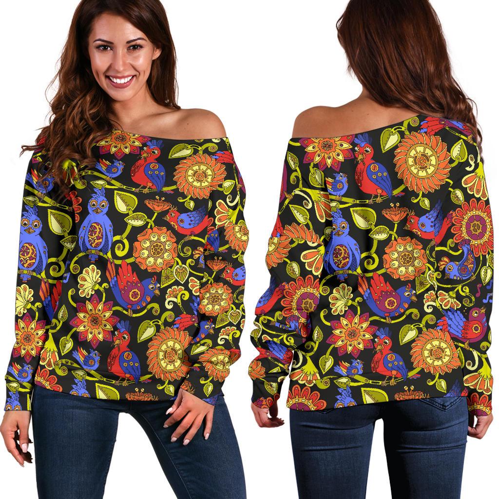 Steampunk Bird Design Themed Print Off Shoulder Sweatshirt