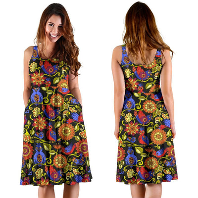 Steampunk Bird Design Themed Print Sleeveless Dress