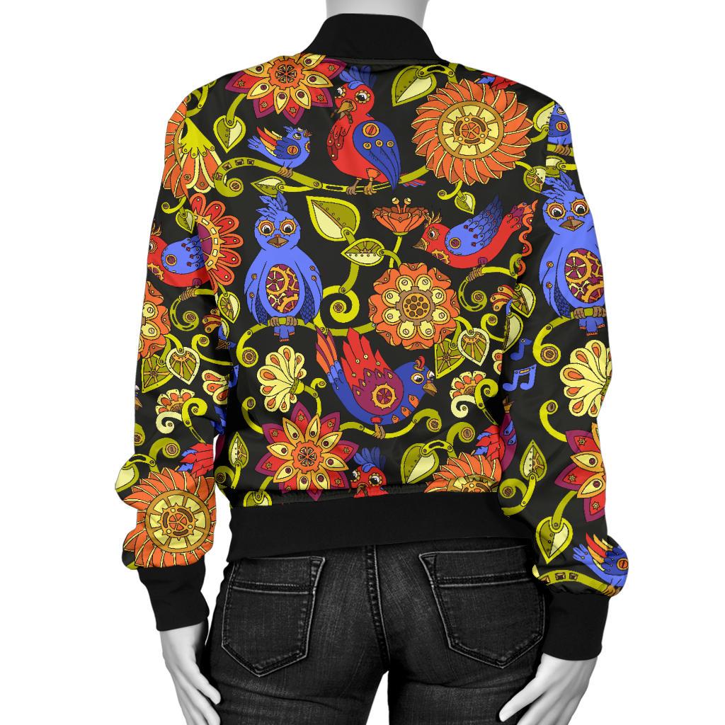 Steampunk Bird Design Themed Print Women Casual Bomber Jacket