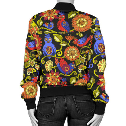 Steampunk Bird Design Themed Print Women Casual Bomber Jacket
