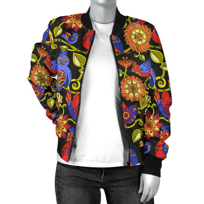 Steampunk Bird Design Themed Print Women Casual Bomber Jacket