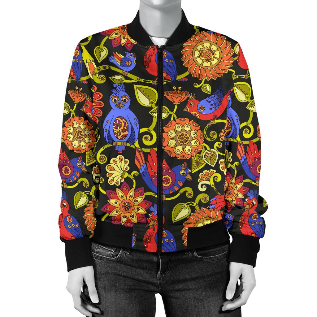 Steampunk Bird Design Themed Print Women Casual Bomber Jacket