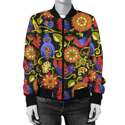 Steampunk Bird Design Themed Print Women Casual Bomber Jacket
