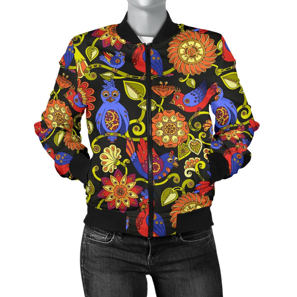 Steampunk Bird Design Themed Print Women Casual Bomber Jacket