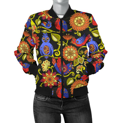 Steampunk Bird Design Themed Print Women Casual Bomber Jacket