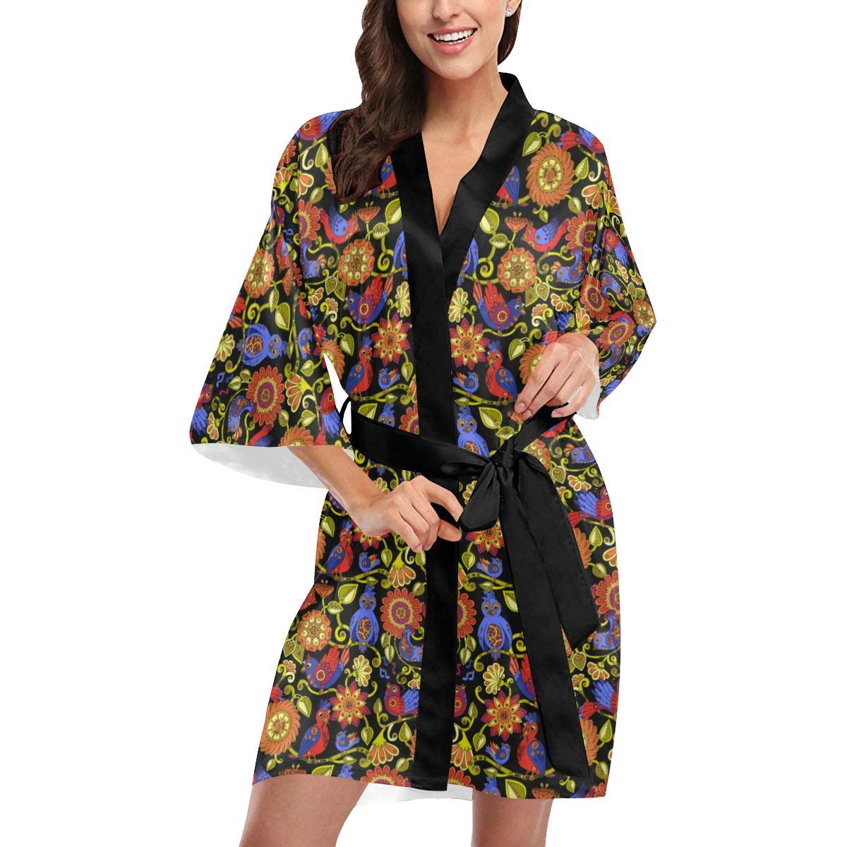 Steampunk Bird Design Themed Print Women Short Kimono Robe