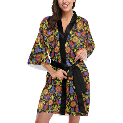 Steampunk Bird Design Themed Print Women Short Kimono Robe