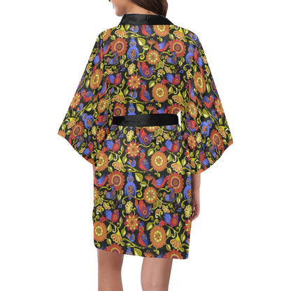 Steampunk Bird Design Themed Print Women Short Kimono Robe