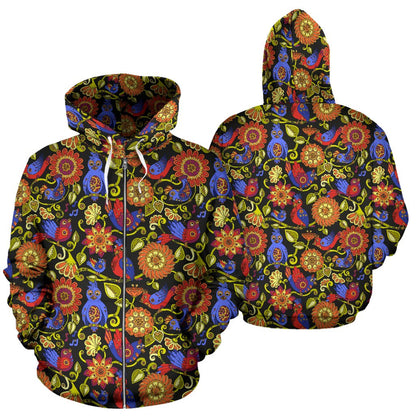 Steampunk Bird Design Themed Print Zip Up Hoodie