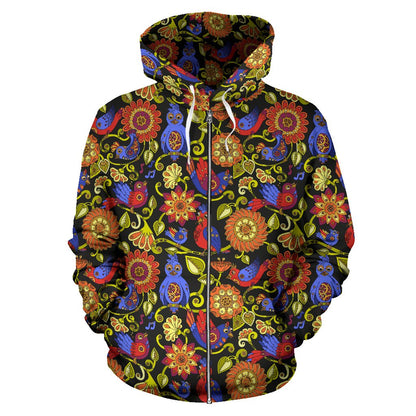 Steampunk Bird Design Themed Print Zip Up Hoodie
