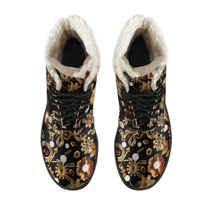 Steampunk Butterfly Design Themed Print Faux Fur Leather Boots-JTAMIGO.COM