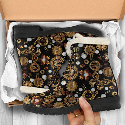 Steampunk Butterfly Design Themed Print Faux Fur Leather Boots-JTAMIGO.COM
