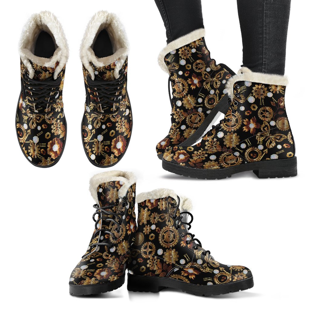 Steampunk Butterfly Design Themed Print Faux Fur Leather Boots-JTAMIGO.COM