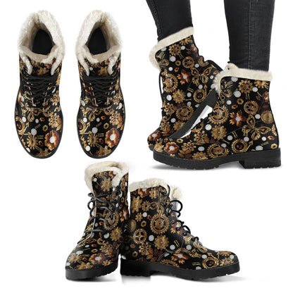 Steampunk Butterfly Design Themed Print Faux Fur Leather Boots-JTAMIGO.COM