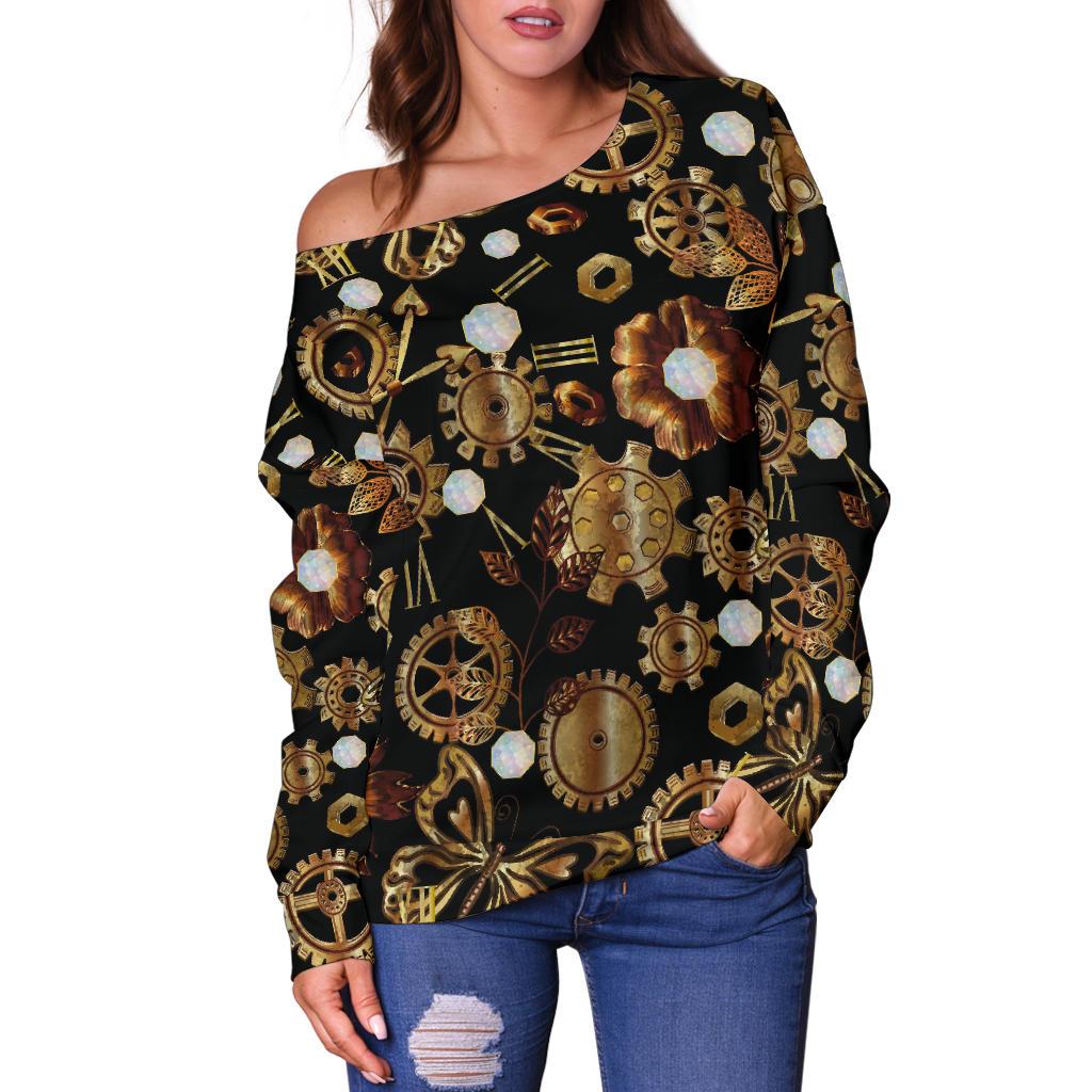 Steampunk Butterfly Design Themed Print Off Shoulder Sweatshirt