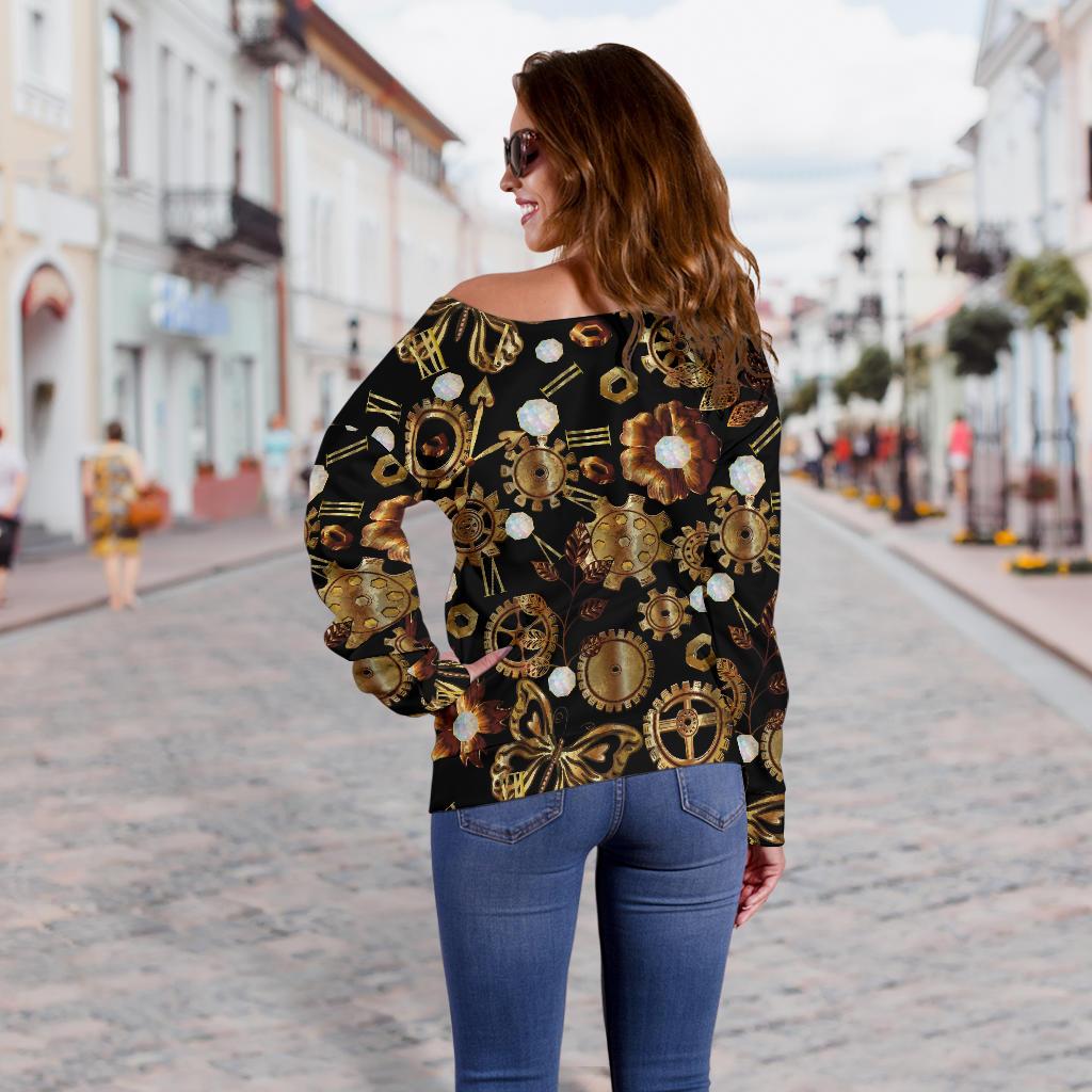 Steampunk Butterfly Design Themed Print Off Shoulder Sweatshirt