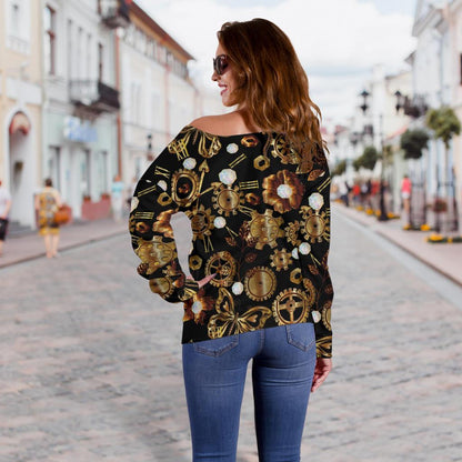 Steampunk Butterfly Design Themed Print Off Shoulder Sweatshirt