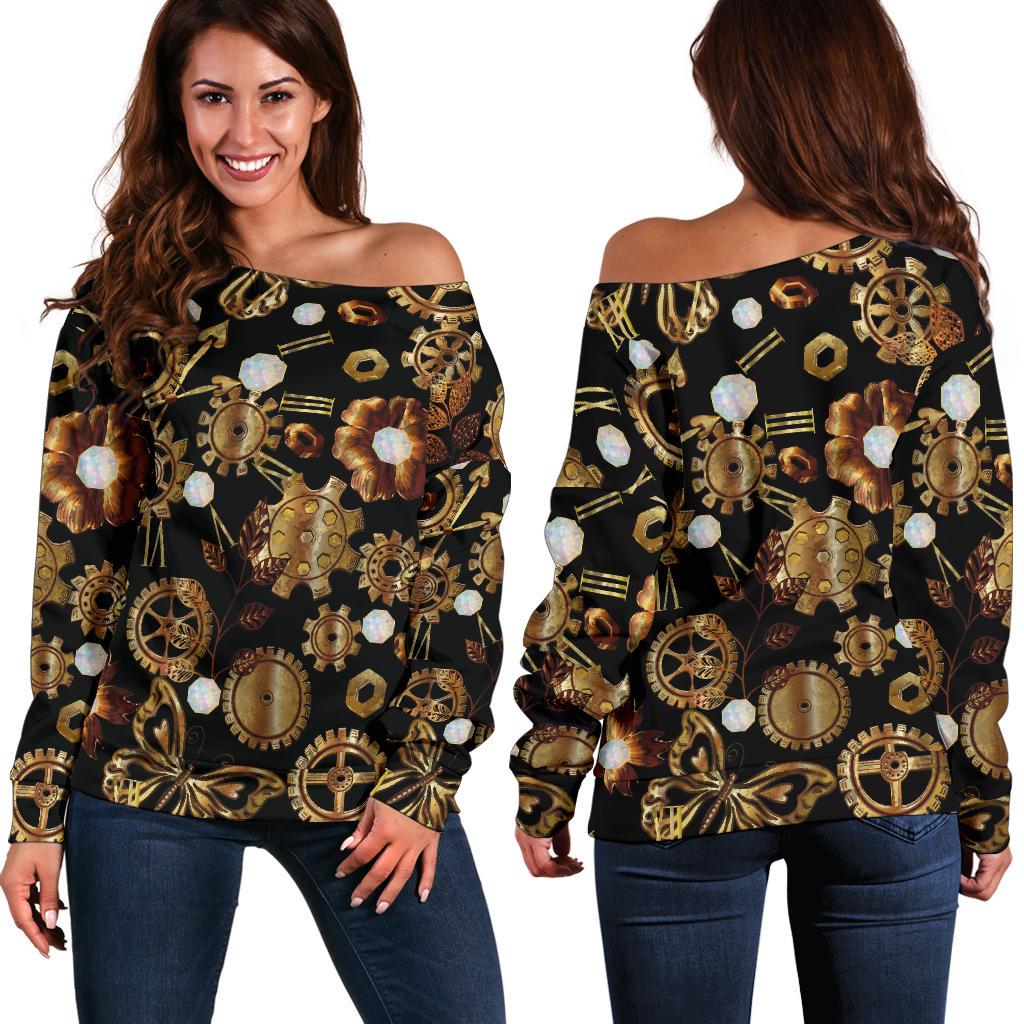 Steampunk Butterfly Design Themed Print Off Shoulder Sweatshirt