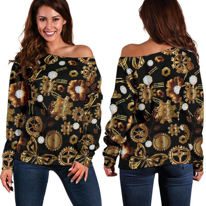 Steampunk Butterfly Design Themed Print Off Shoulder Sweatshirt