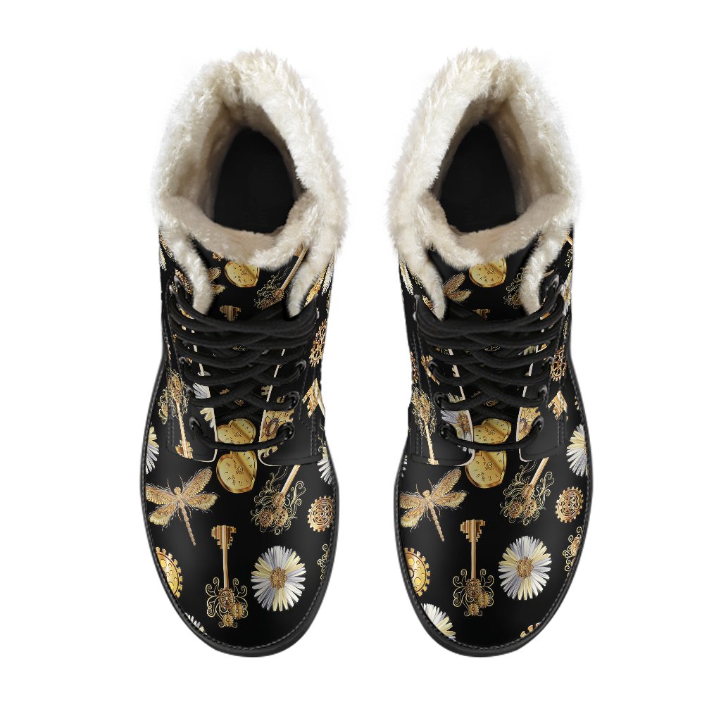 Steampunk Dragonfly Design Themed Print Faux Fur Leather Boots-JTAMIGO.COM