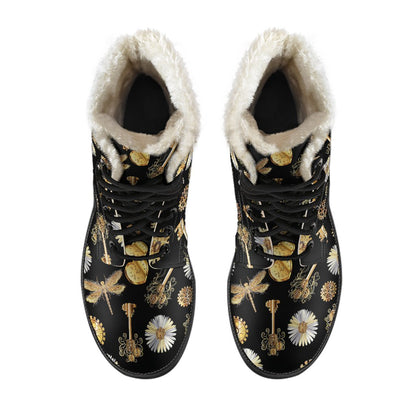 Steampunk Dragonfly Design Themed Print Faux Fur Leather Boots-JTAMIGO.COM