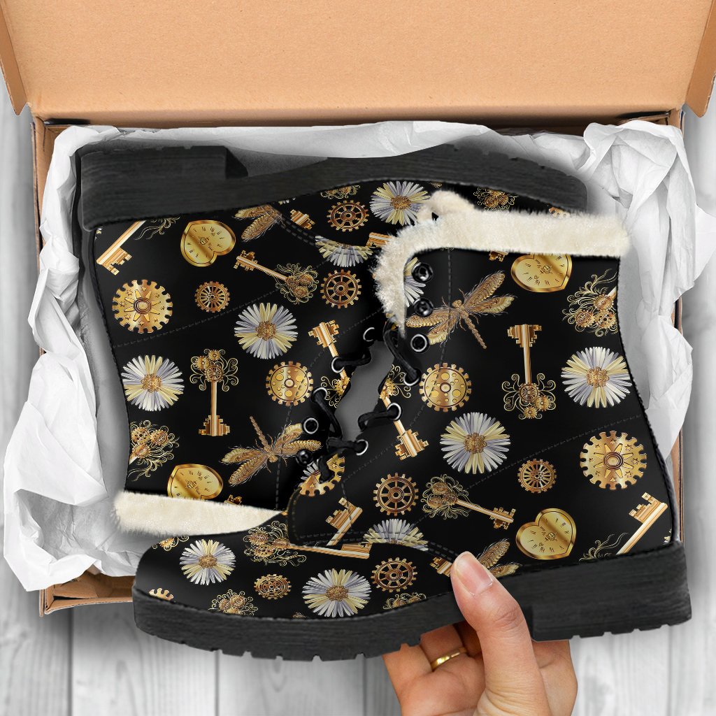 Steampunk Dragonfly Design Themed Print Faux Fur Leather Boots-JTAMIGO.COM