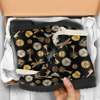 Steampunk Dragonfly Design Themed Print Faux Fur Leather Boots-JTAMIGO.COM