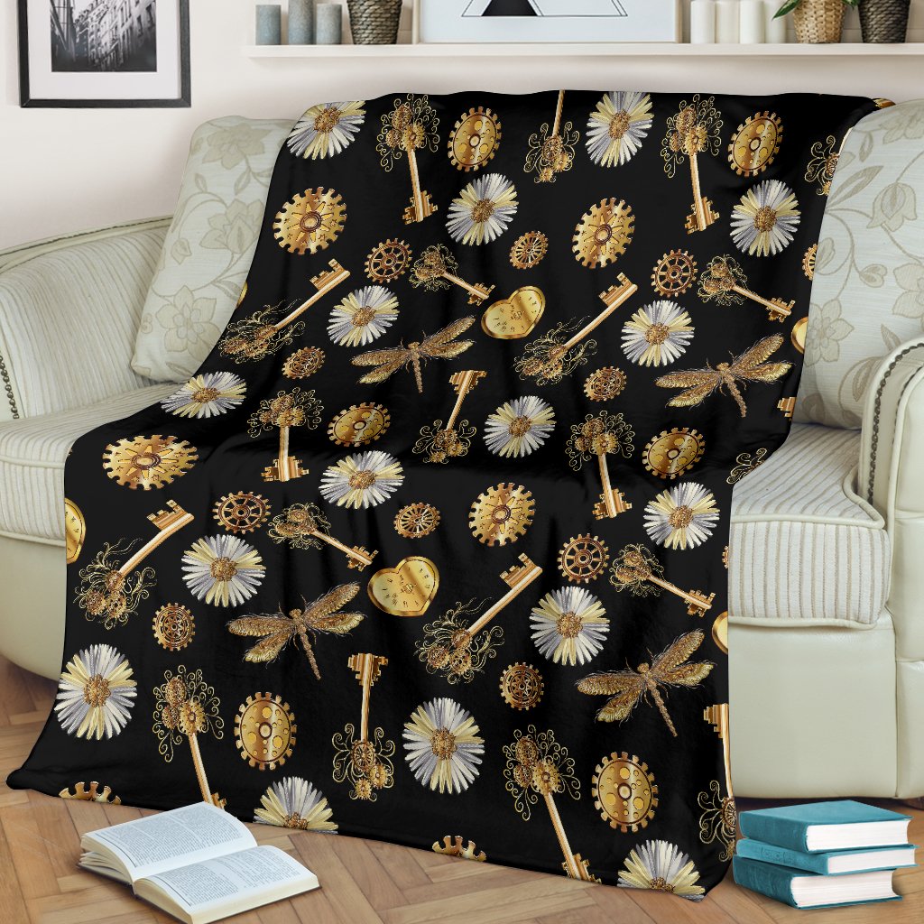 Steampunk Dragonfly Design Themed Print Fleece Blanket