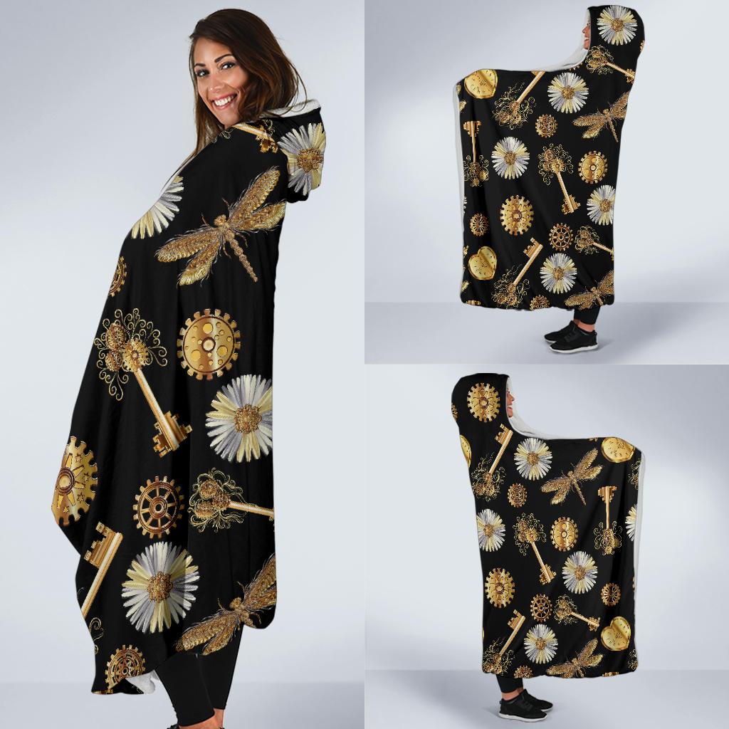 Steampunk Dragonfly Design Themed Print Hooded Blanket-JTAMIGO.COM
