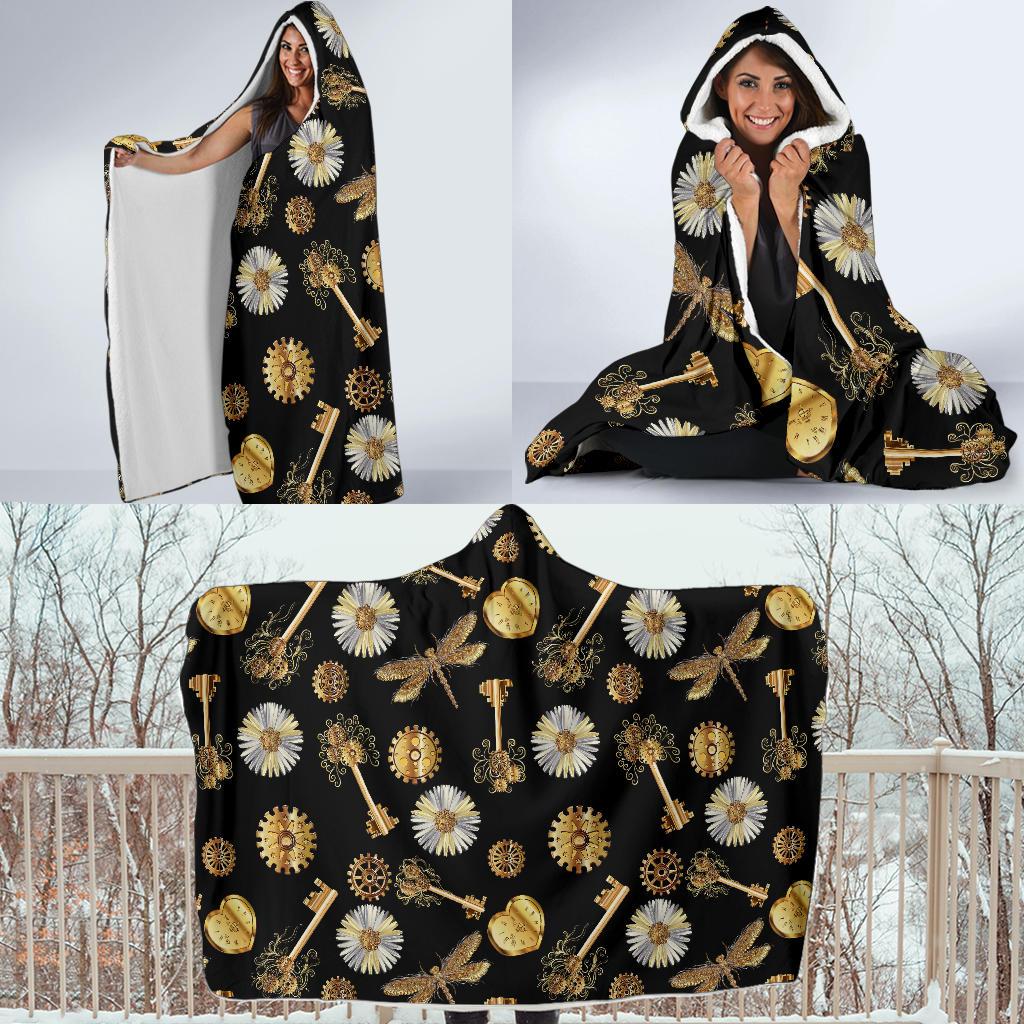 Steampunk Dragonfly Design Themed Print Hooded Blanket-JTAMIGO.COM