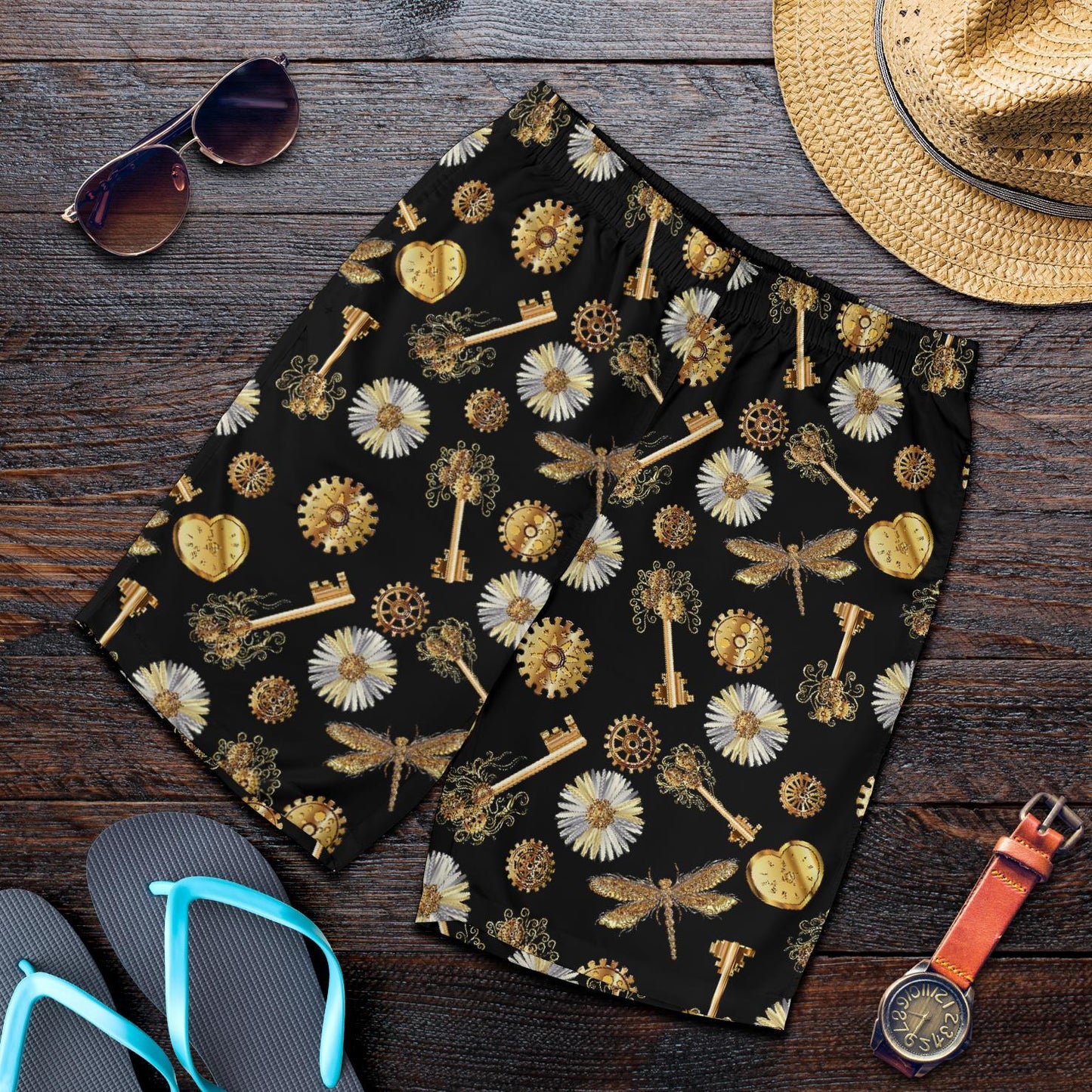 Steampunk Dragonfly Design Themed Print Mens Shorts-JTAMIGO.COM
