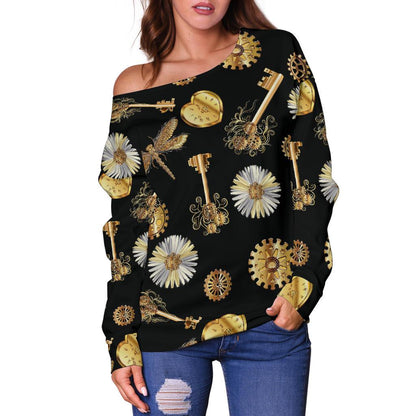 Steampunk Dragonfly Design Themed Print Off Shoulder Sweatshirt