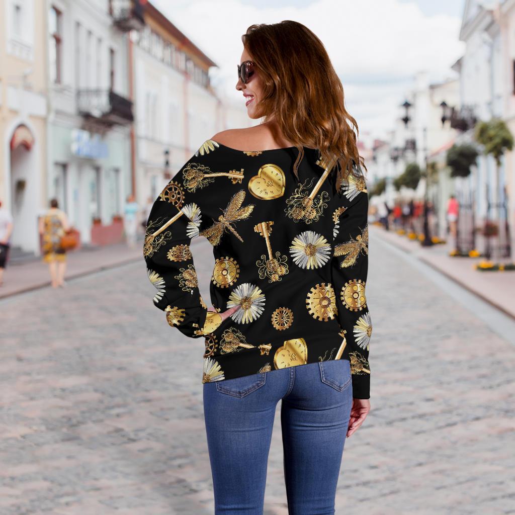 Steampunk Dragonfly Design Themed Print Off Shoulder Sweatshirt