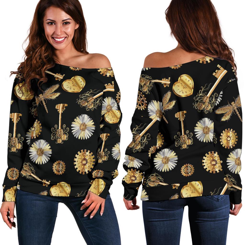 Steampunk Dragonfly Design Themed Print Off Shoulder Sweatshirt