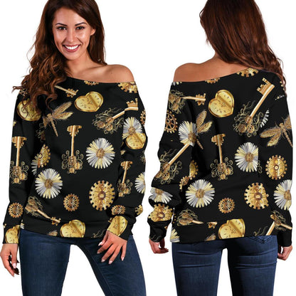 Steampunk Dragonfly Design Themed Print Off Shoulder Sweatshirt