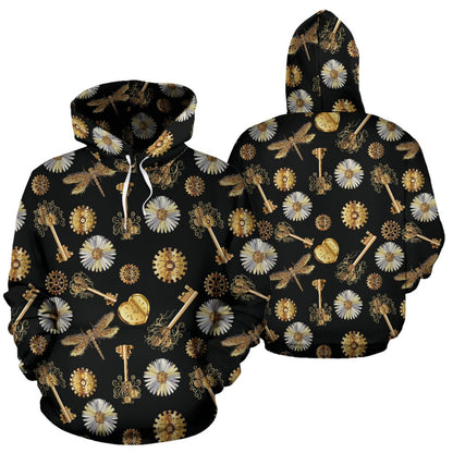 Steampunk Dragonfly Design Themed Print Pullover Hoodie