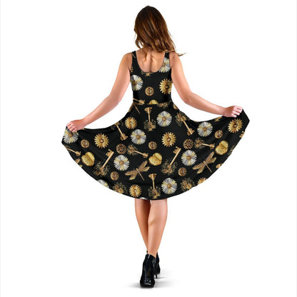 Steampunk Dragonfly Design Themed Print Sleeveless Dress