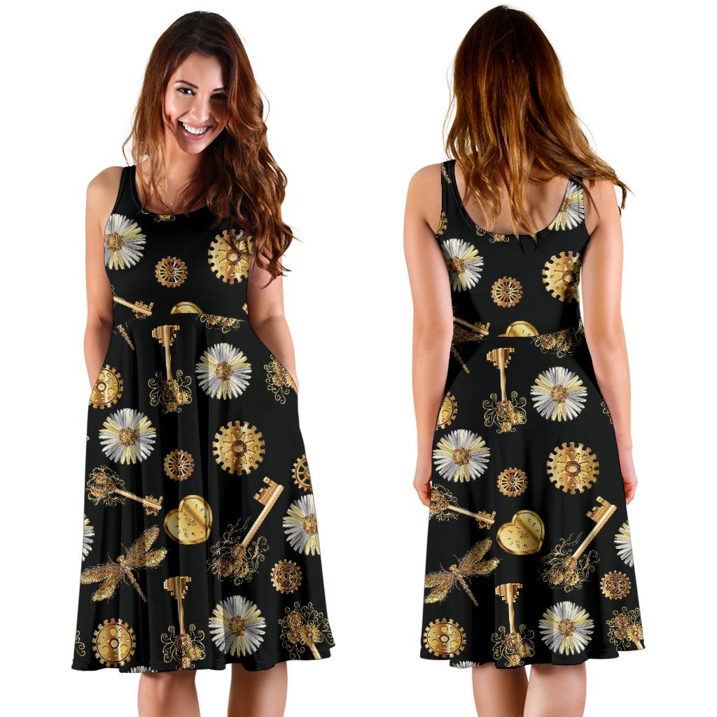 Steampunk Dragonfly Design Themed Print Sleeveless Dress