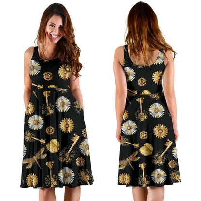 Steampunk Dragonfly Design Themed Print Sleeveless Dress