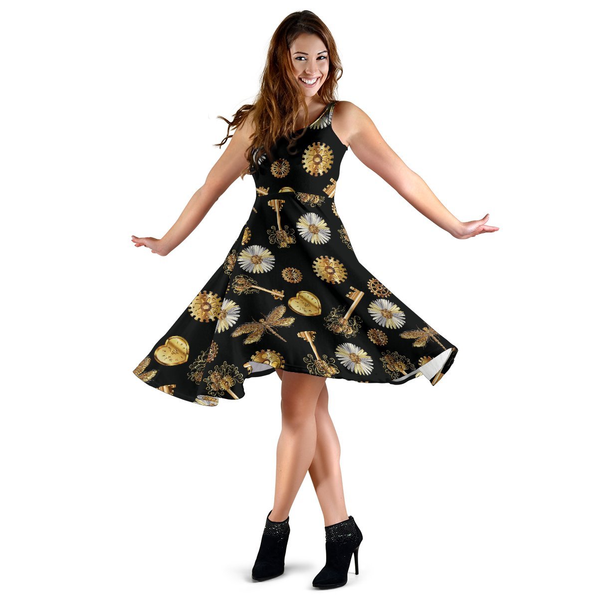 Steampunk Dragonfly Design Themed Print Sleeveless Dress
