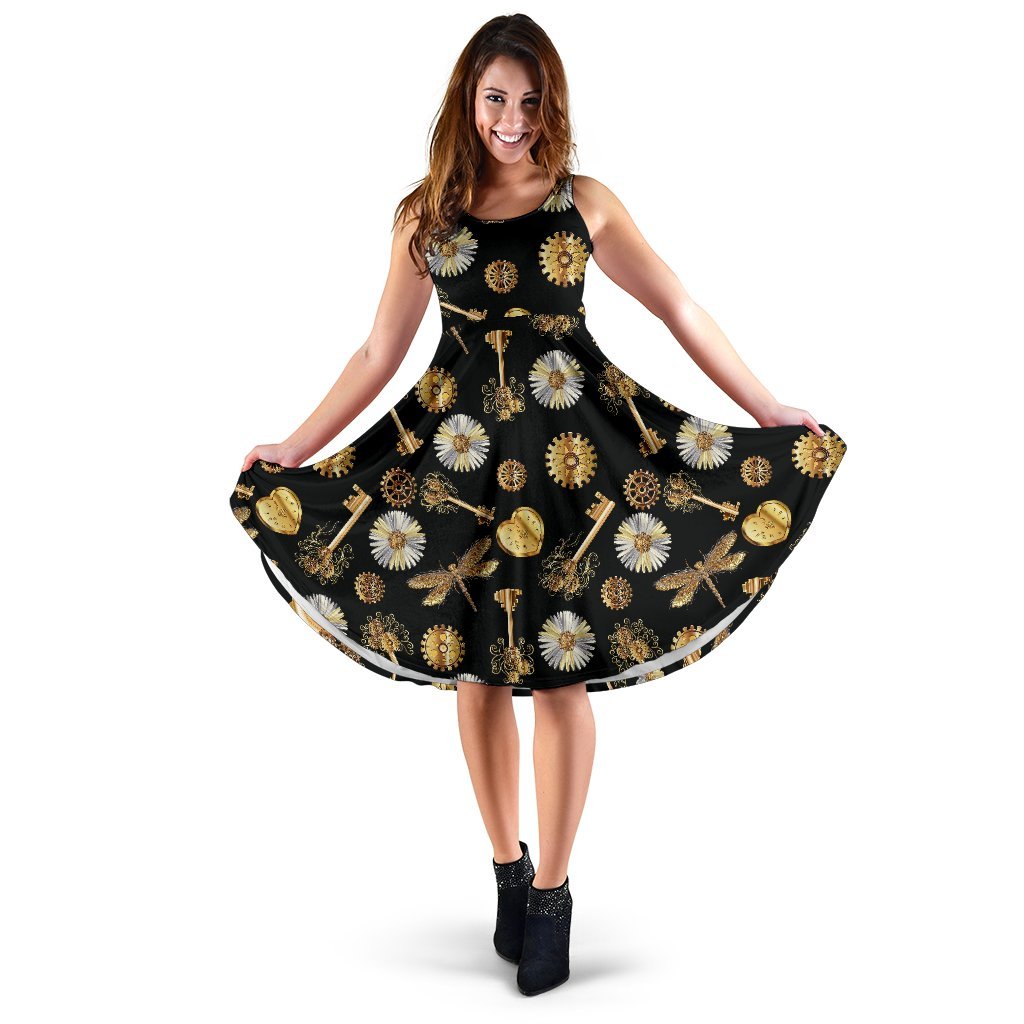 Steampunk Dragonfly Design Themed Print Sleeveless Dress