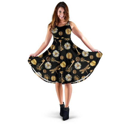 Steampunk Dragonfly Design Themed Print Sleeveless Dress