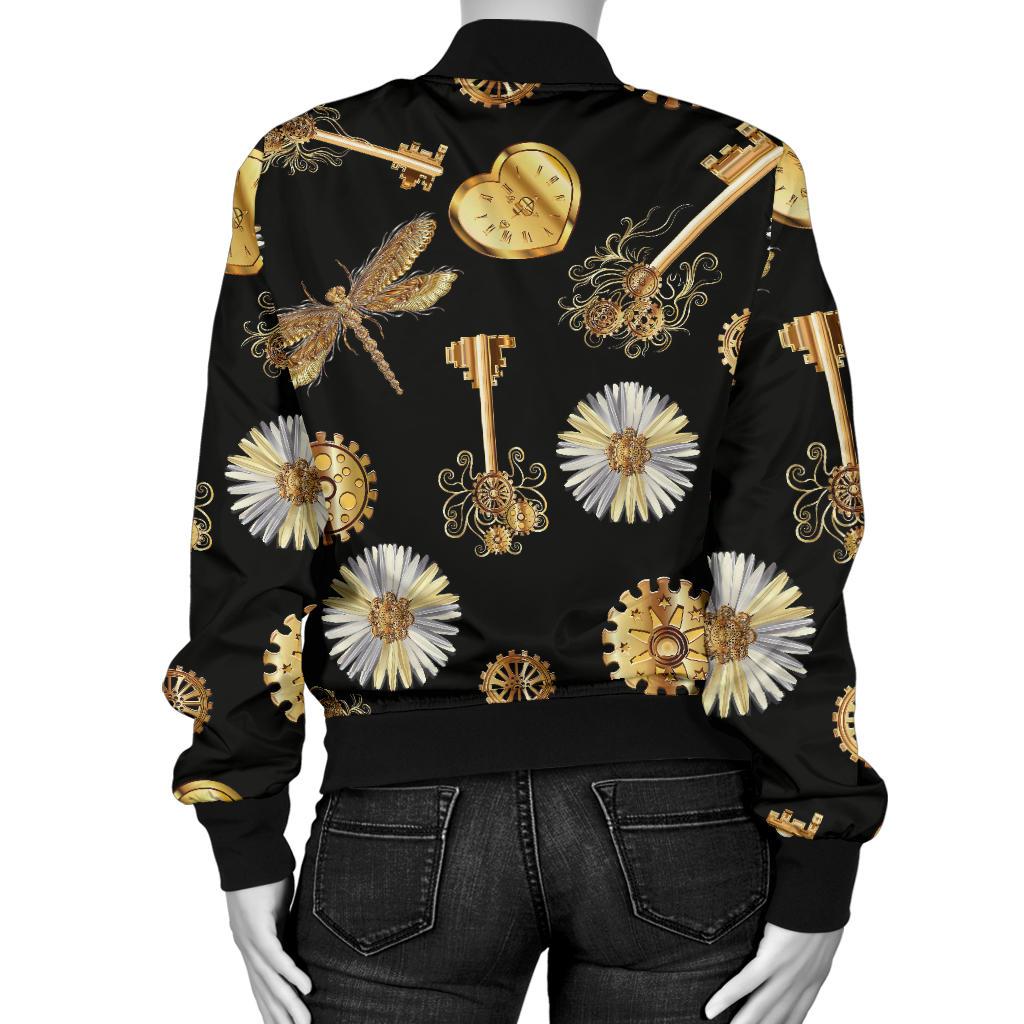 Steampunk Dragonfly Design Themed Print Women Casual Bomber Jacket