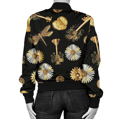 Steampunk Dragonfly Design Themed Print Women Casual Bomber Jacket