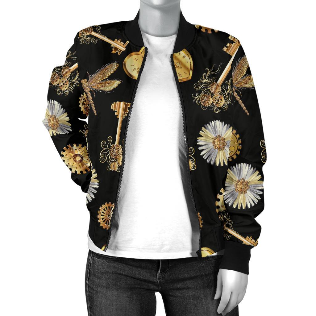 Steampunk Dragonfly Design Themed Print Women Casual Bomber Jacket