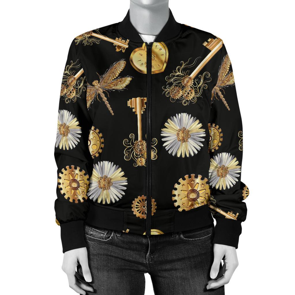 Steampunk Dragonfly Design Themed Print Women Casual Bomber Jacket